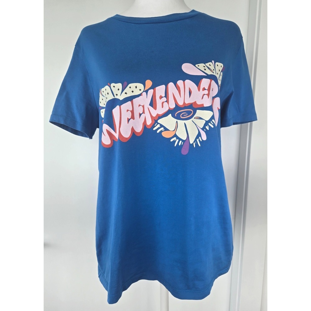 Weekend Maxmara T shirt Ocean Blue "Weekenders" Prints Short Sleeves Summer Sz M